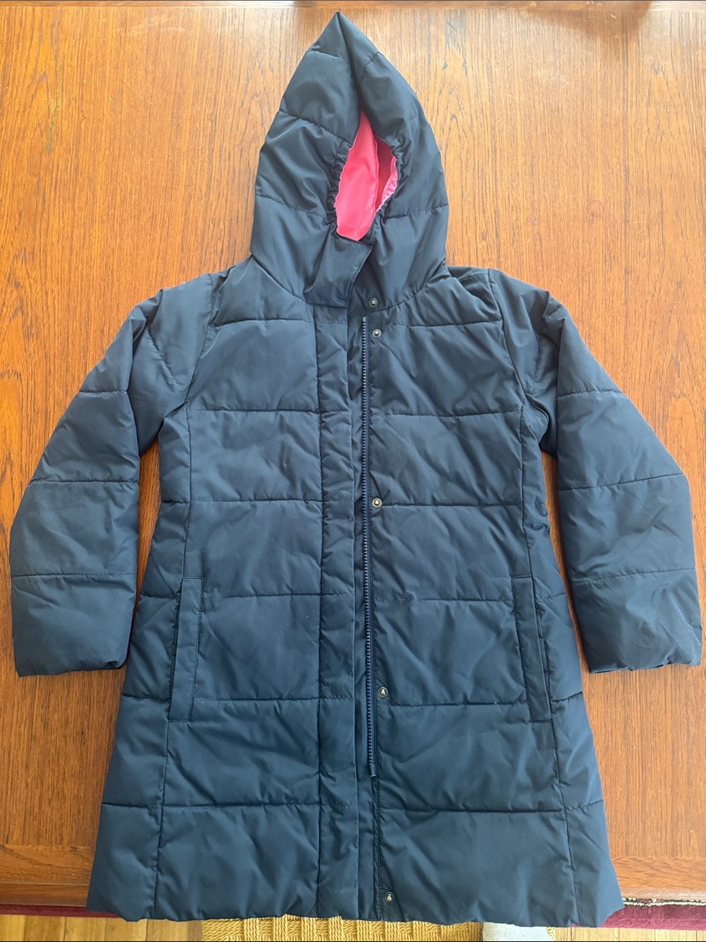 Crewcuts Navy Hooded Puffer Coat with Pink Hood Lining